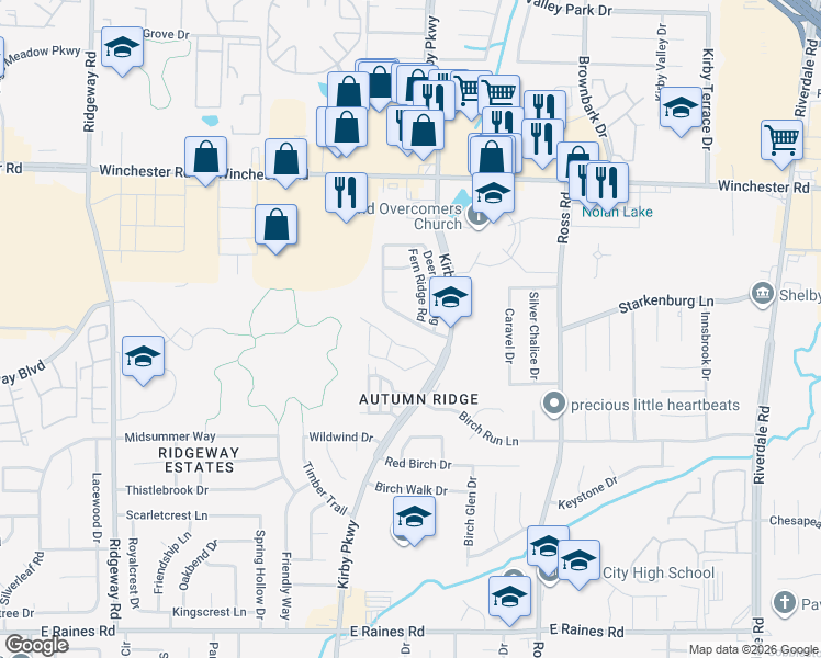 map of restaurants, bars, coffee shops, grocery stores, and more near 3799 Deer Forest Drive in Memphis