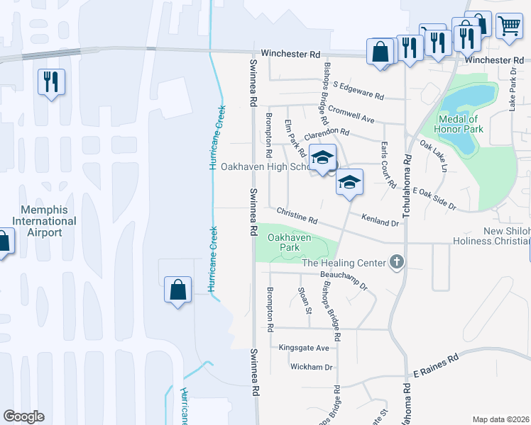 map of restaurants, bars, coffee shops, grocery stores, and more near 3005 Christine Road in Memphis