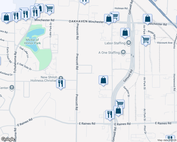 map of restaurants, bars, coffee shops, grocery stores, and more near 3668 East Victory Heights Lane in Memphis