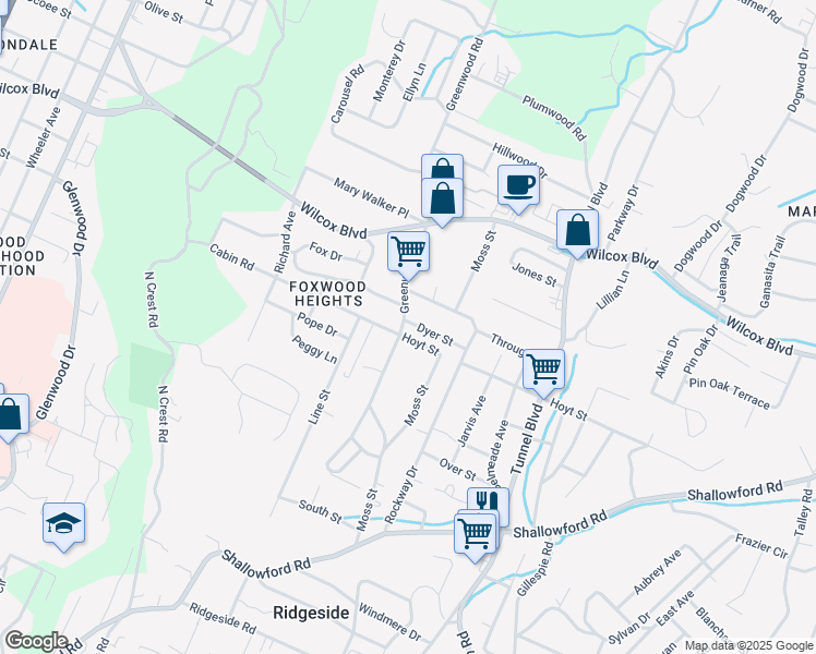 map of restaurants, bars, coffee shops, grocery stores, and more near 1204 Greenwood Road in Chattanooga