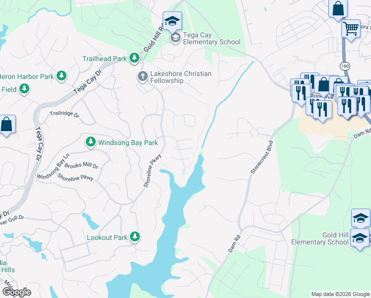 map of restaurants, bars, coffee shops, grocery stores, and more near 312 Wave Crest Drive in Tega Cay