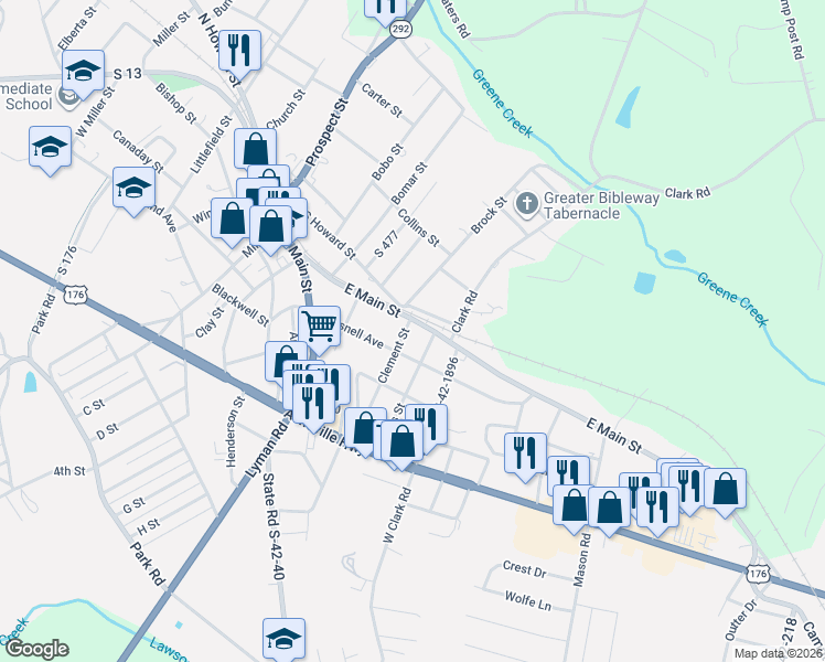 map of restaurants, bars, coffee shops, grocery stores, and more near 29 Gosnell Avenue in Inman