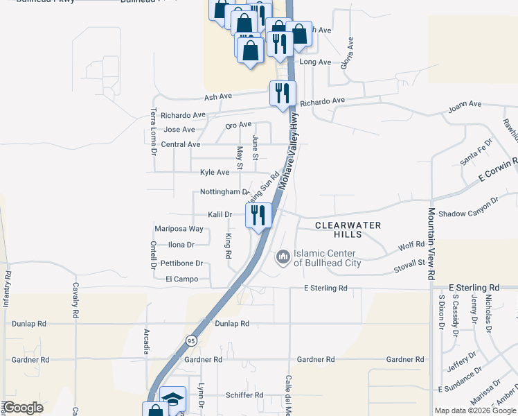 map of restaurants, bars, coffee shops, grocery stores, and more near 3860 Rising Sun Road in Bullhead City