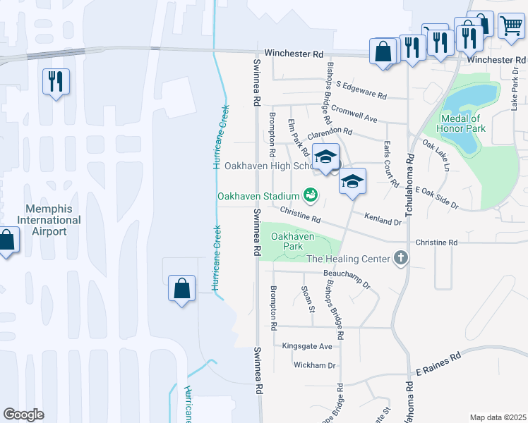 map of restaurants, bars, coffee shops, grocery stores, and more near 3005 Christine Road in Memphis