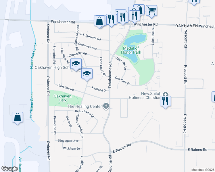 map of restaurants, bars, coffee shops, grocery stores, and more near 3807 Tchulahoma Road in Memphis