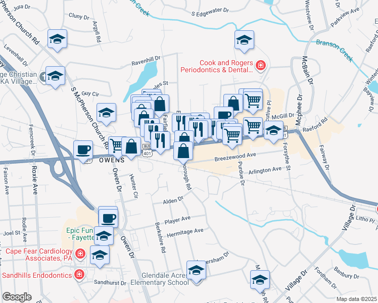 map of restaurants, bars, coffee shops, grocery stores, and more near 2915 Raeford Road in Fayetteville