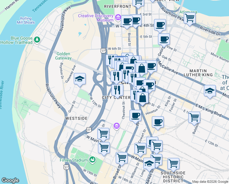 map of restaurants, bars, coffee shops, grocery stores, and more near in Chattanooga
