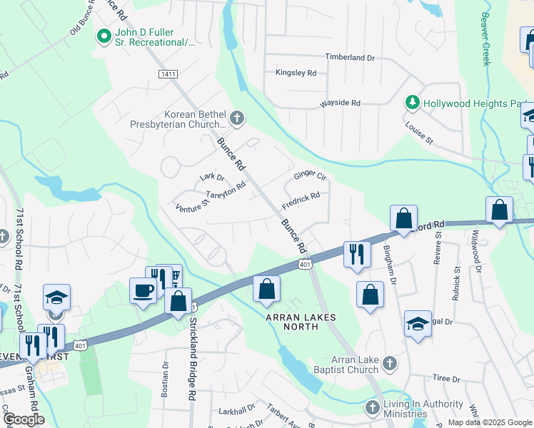 map of restaurants, bars, coffee shops, grocery stores, and more near 6504 Lagoon Drive in Fayetteville