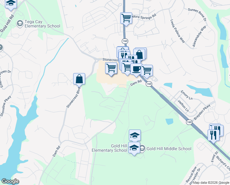 map of restaurants, bars, coffee shops, grocery stores, and more near 2295 Dam Road in Fort Mill