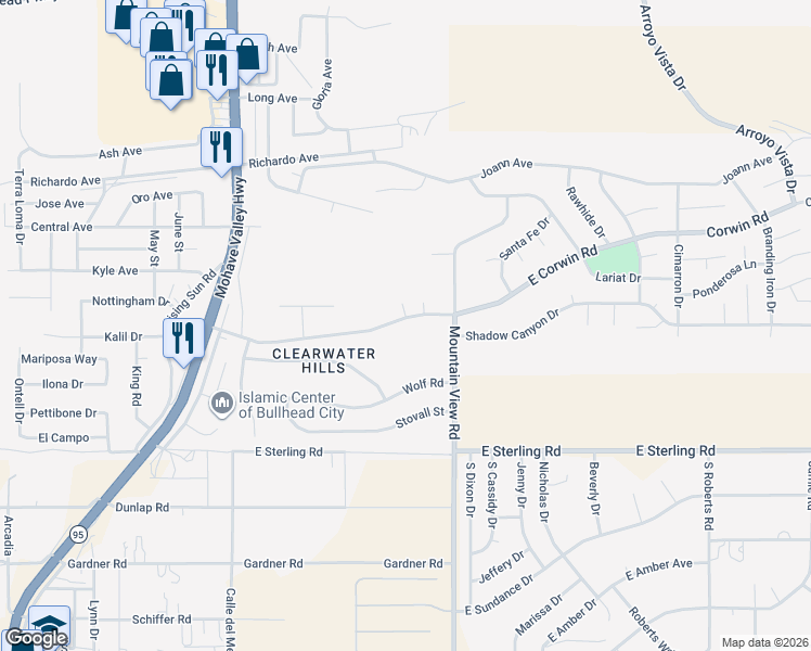map of restaurants, bars, coffee shops, grocery stores, and more near 1882 East Corwin Road in Bullhead City