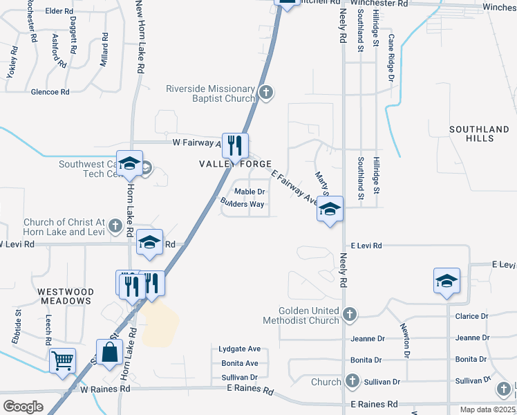 map of restaurants, bars, coffee shops, grocery stores, and more near 73 Builders Way in Memphis
