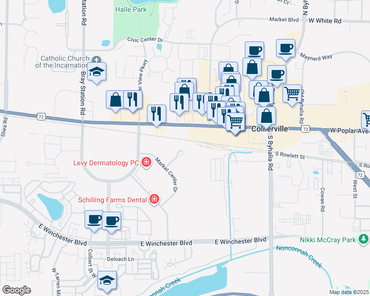 map of restaurants, bars, coffee shops, grocery stores, and more near 15 Schilling Bend Common in Collierville