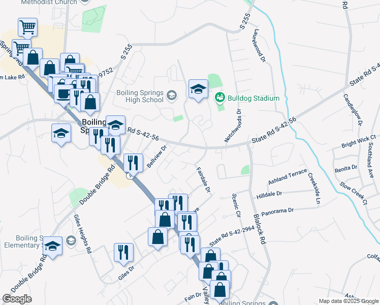 map of restaurants, bars, coffee shops, grocery stores, and more near 2224 Old Furnace Road in Boiling Springs
