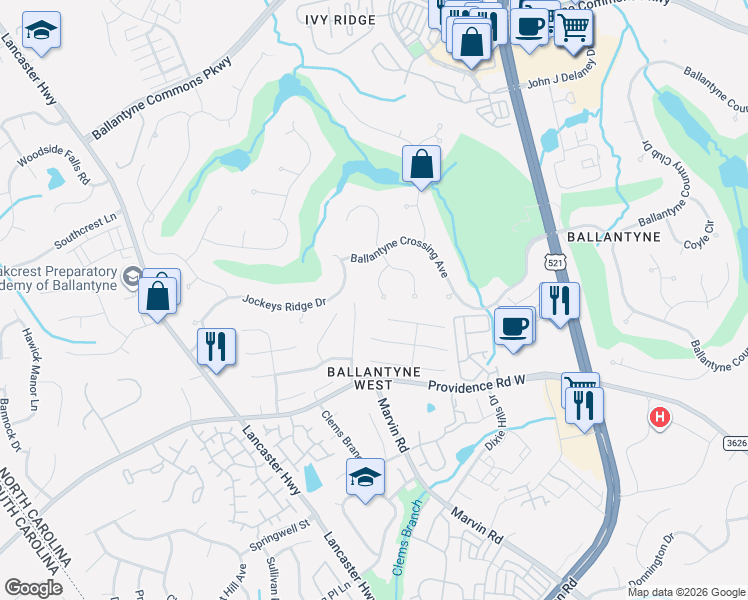 map of restaurants, bars, coffee shops, grocery stores, and more near 14411 Bishar Lane in Charlotte