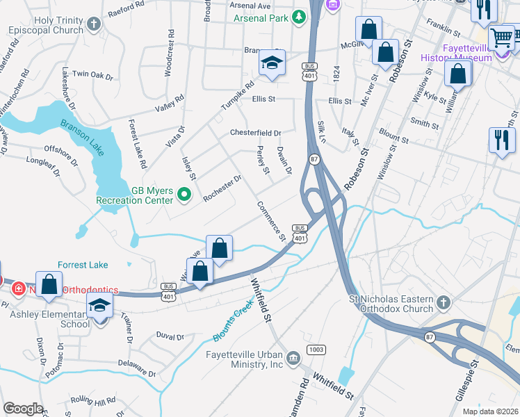 map of restaurants, bars, coffee shops, grocery stores, and more near 724 Weiss Avenue in Fayetteville