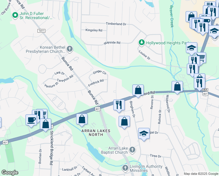 map of restaurants, bars, coffee shops, grocery stores, and more near 6334 Ginger Circle in Fayetteville