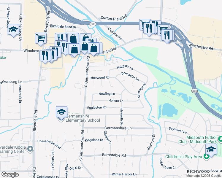 map of restaurants, bars, coffee shops, grocery stores, and more near 3817 Cosgrave Cove in Memphis