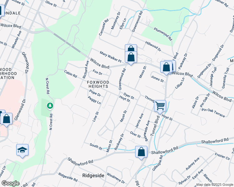 map of restaurants, bars, coffee shops, grocery stores, and more near 1201 Greenwood Road in Chattanooga