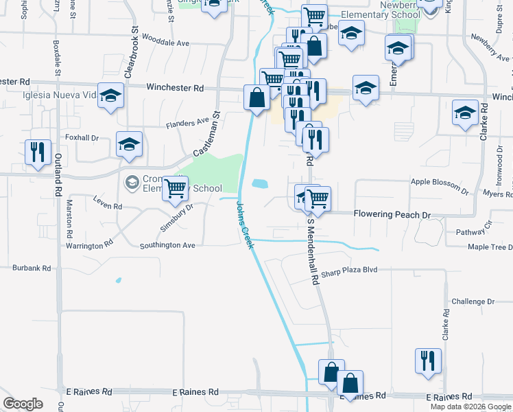 map of restaurants, bars, coffee shops, grocery stores, and more near 5209 Flowering Peach Drive in Memphis