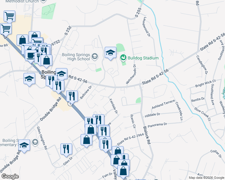 map of restaurants, bars, coffee shops, grocery stores, and more near 2260 Old Furnace Road in Boiling Springs