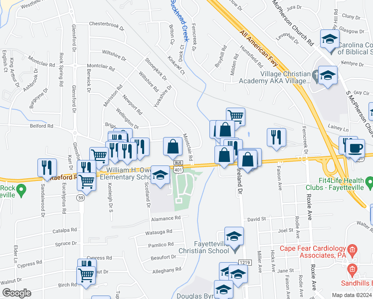 map of restaurants, bars, coffee shops, grocery stores, and more near 916 Montclair Road in Fayetteville