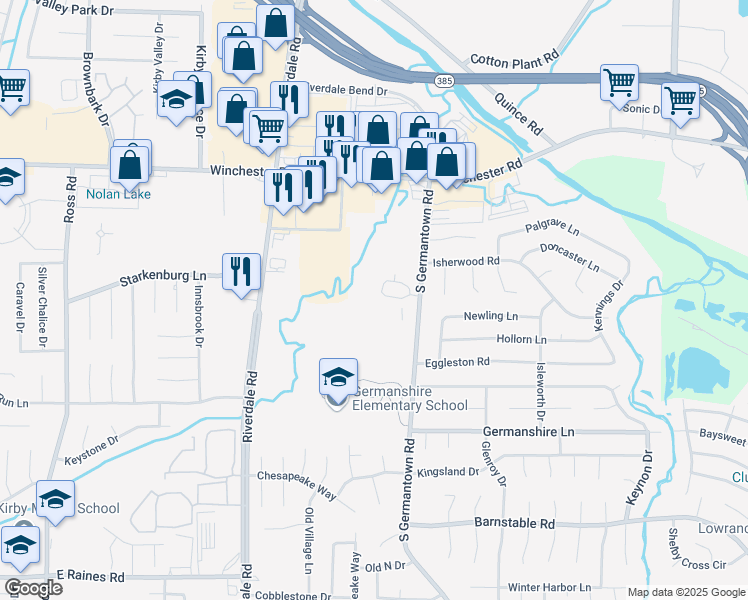 map of restaurants, bars, coffee shops, grocery stores, and more near 3807 West Germanwood Court in Memphis