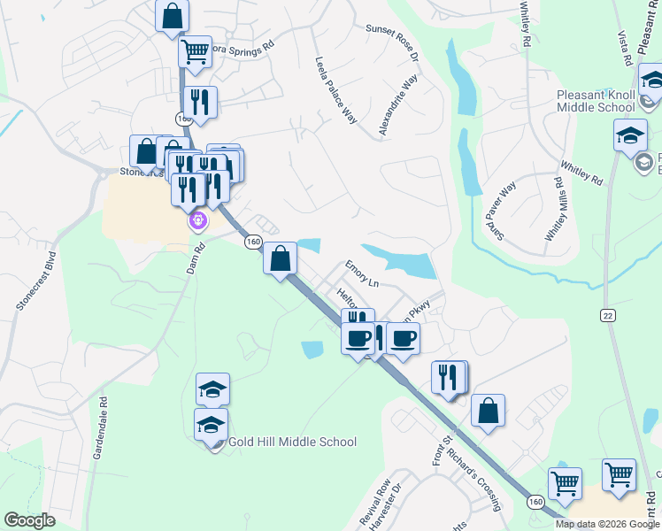 map of restaurants, bars, coffee shops, grocery stores, and more near 157 Helton Lane in Fort Mill