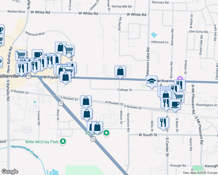 map of restaurants, bars, coffee shops, grocery stores, and more near 366 College Street in Collierville