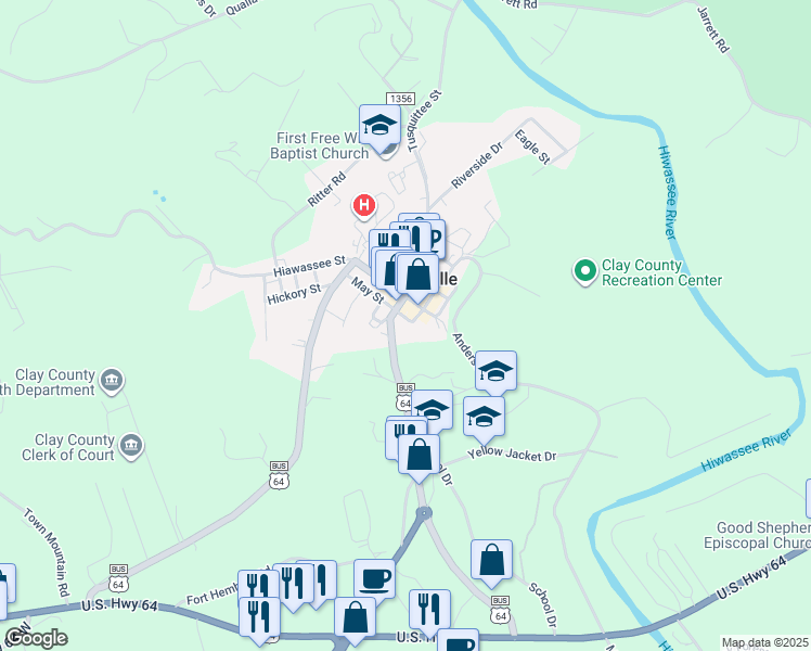 map of restaurants, bars, coffee shops, grocery stores, and more near 186 May Street in Hayesville