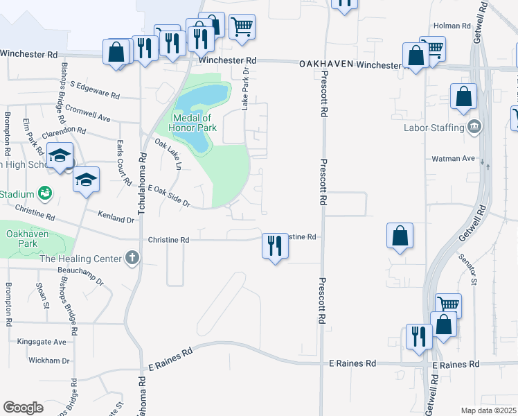 map of restaurants, bars, coffee shops, grocery stores, and more near 3483 Trinity Park Drive in Memphis