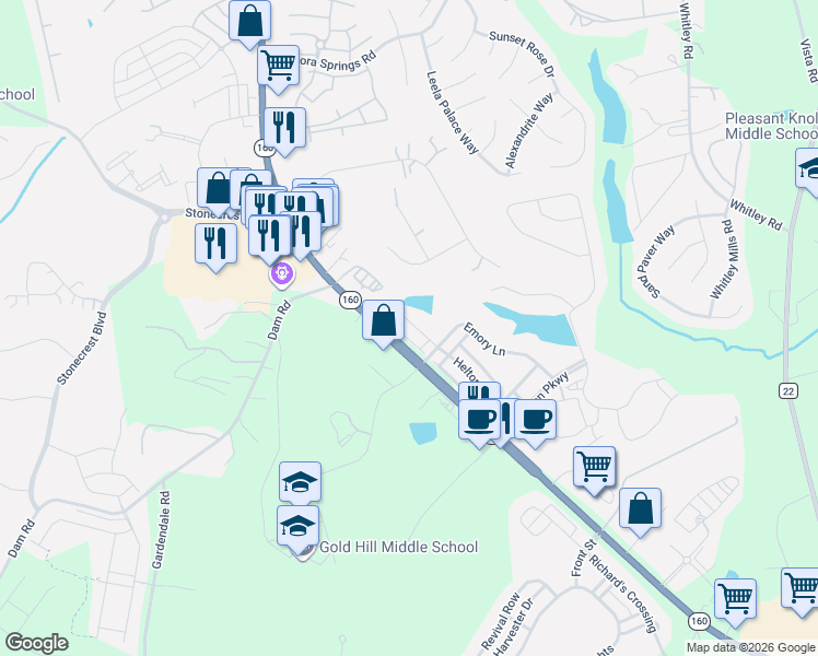map of restaurants, bars, coffee shops, grocery stores, and more near 124 Helton Lane in Fort Mill