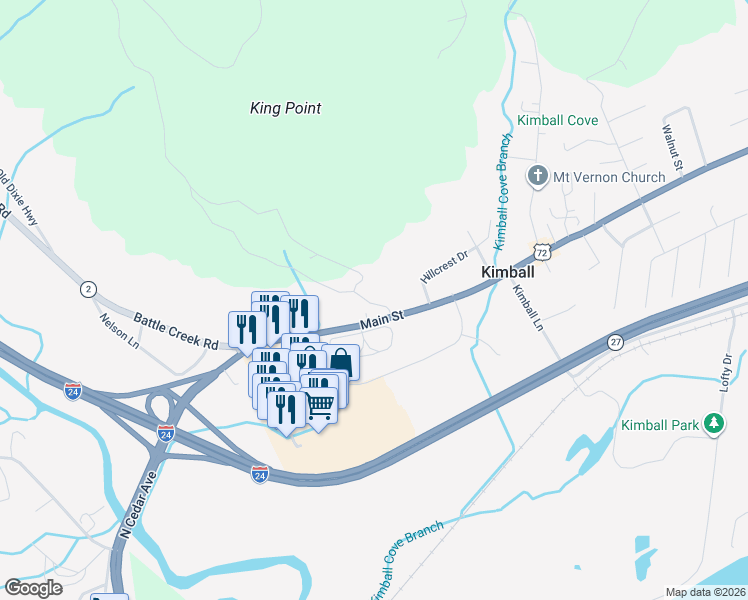 map of restaurants, bars, coffee shops, grocery stores, and more near 116 Timber Ridge Drive in Kimball