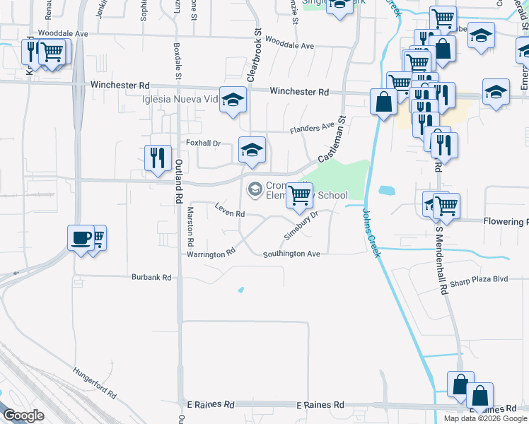 map of restaurants, bars, coffee shops, grocery stores, and more near 5012 Leven Road in Memphis