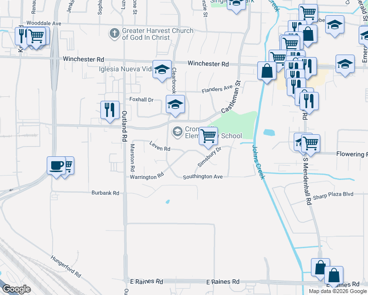 map of restaurants, bars, coffee shops, grocery stores, and more near 5012 Leven Road in Memphis