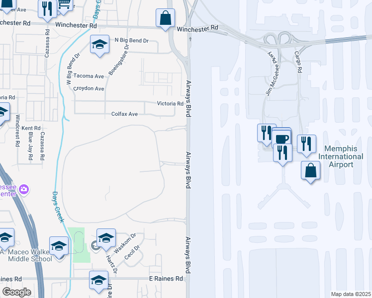 map of restaurants, bars, coffee shops, grocery stores, and more near 3851 Airways Boulevard in Memphis
