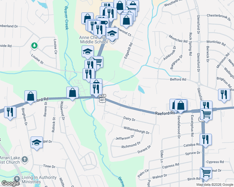 map of restaurants, bars, coffee shops, grocery stores, and more near 910 Greenleaf Drive in Fayetteville