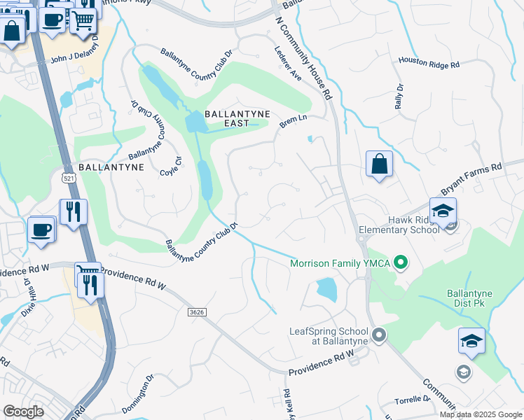 map of restaurants, bars, coffee shops, grocery stores, and more near 15618 Frohock Place in Charlotte
