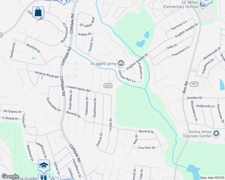 map of restaurants, bars, coffee shops, grocery stores, and more near 7594 Lowell Harris Road in Fayetteville