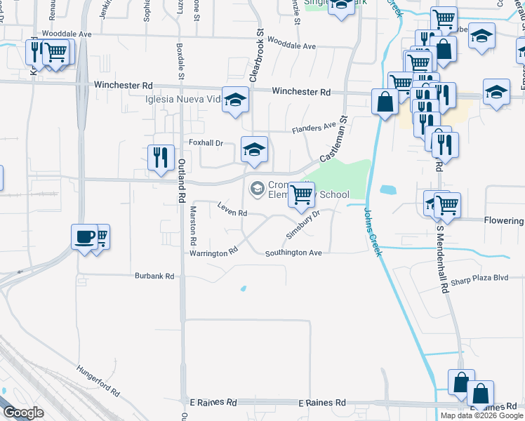 map of restaurants, bars, coffee shops, grocery stores, and more near 5006 Leven Road in Memphis