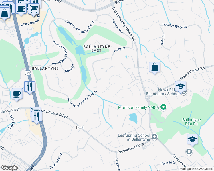 map of restaurants, bars, coffee shops, grocery stores, and more near 15618 Frohock Place in Charlotte