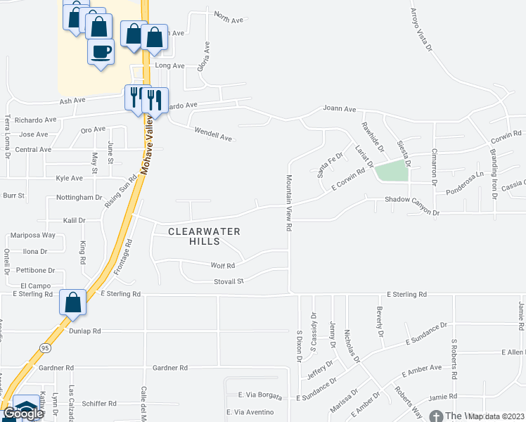 map of restaurants, bars, coffee shops, grocery stores, and more near 1882 East Corwin Road in Bullhead City