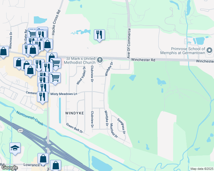 map of restaurants, bars, coffee shops, grocery stores, and more near 3816 Windyke Drive in Memphis