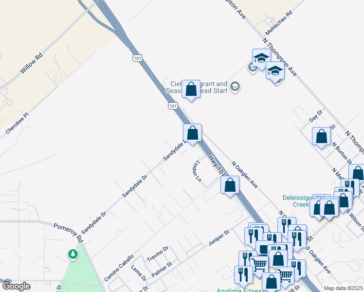 map of restaurants, bars, coffee shops, grocery stores, and more near 525 Sandydale Drive in Nipomo