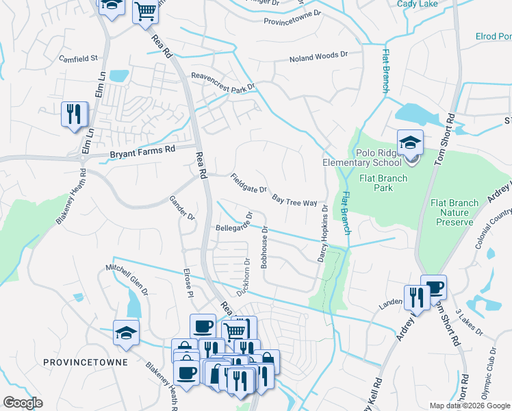 map of restaurants, bars, coffee shops, grocery stores, and more near 9205 Bellegarde Drive in Charlotte