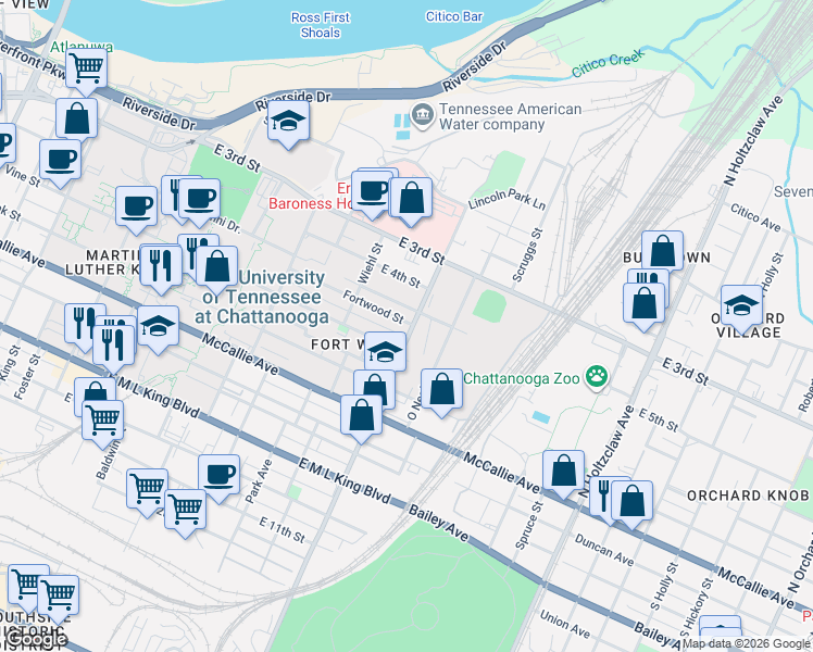 map of restaurants, bars, coffee shops, grocery stores, and more near 949 Vine Street in Chattanooga