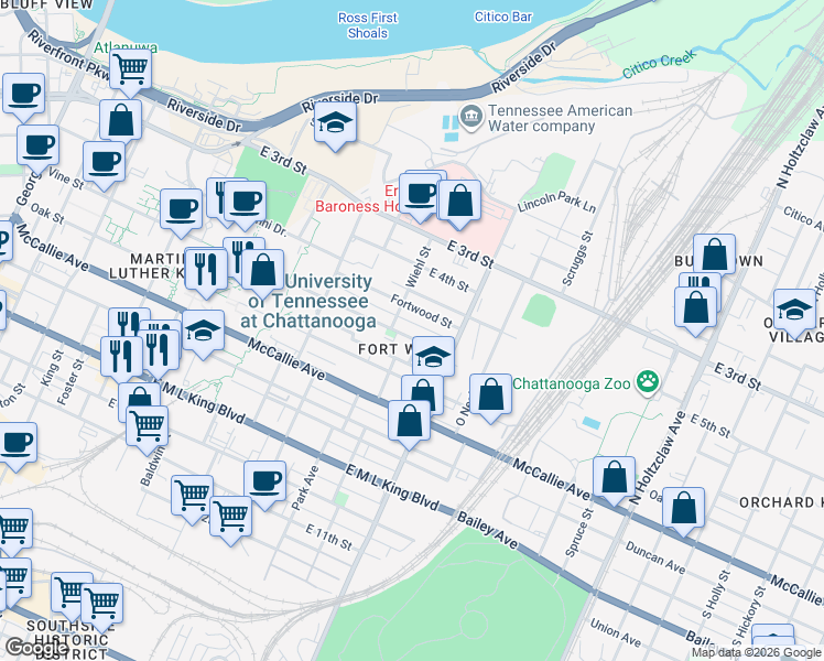 map of restaurants, bars, coffee shops, grocery stores, and more near 900 Vine Street in Chattanooga
