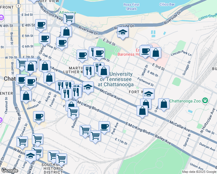 map of restaurants, bars, coffee shops, grocery stores, and more near 799 Oak Street in Chattanooga