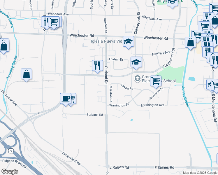 map of restaurants, bars, coffee shops, grocery stores, and more near 3816 Marston Road in Memphis