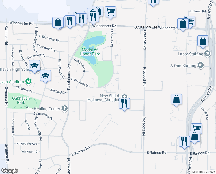 map of restaurants, bars, coffee shops, grocery stores, and more near 3439 Club Bridge Drive in Memphis