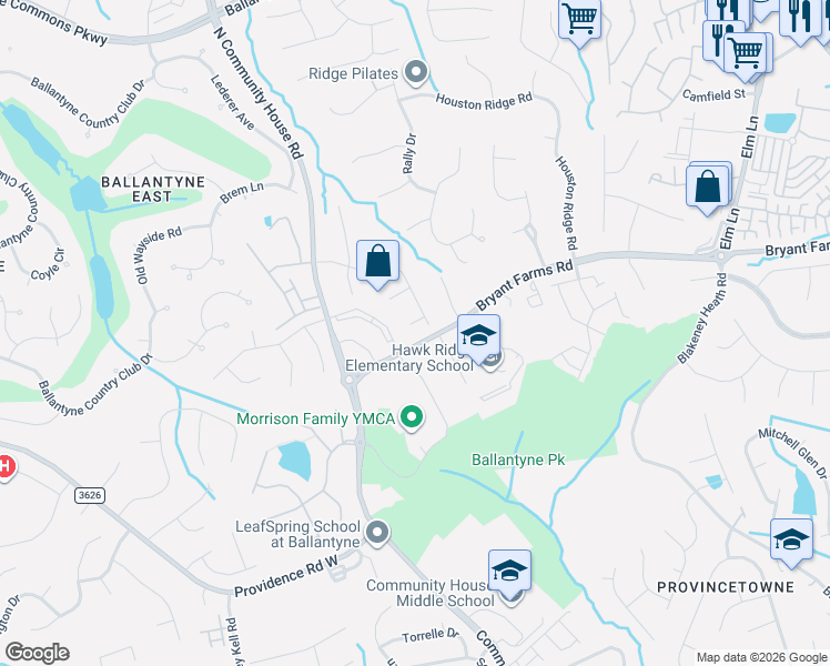 map of restaurants, bars, coffee shops, grocery stores, and more near 10302 Otterdale Court in Charlotte